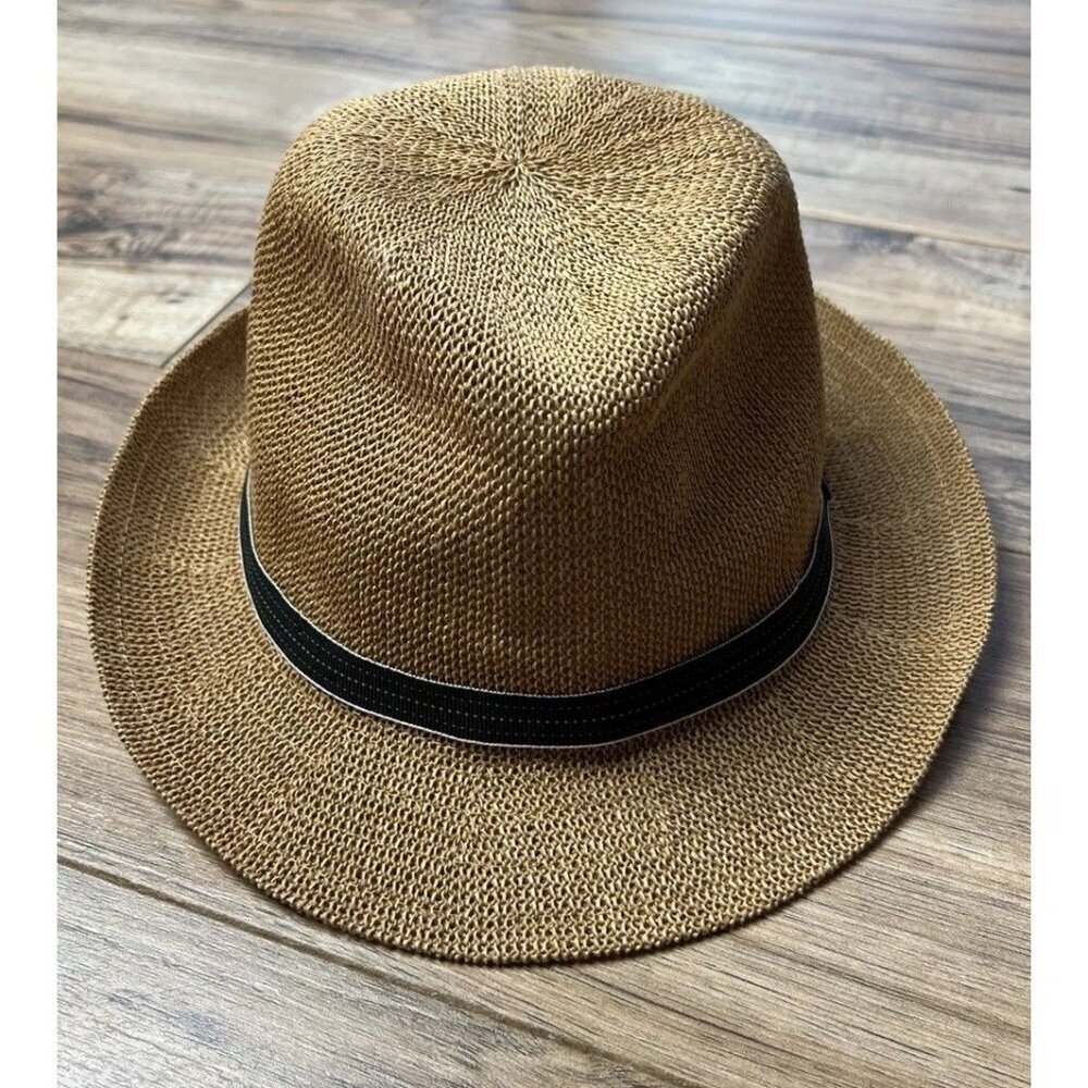 Banana Republic Straw Curved Brim Fedora Black Band S/M Vacation Natural Wm